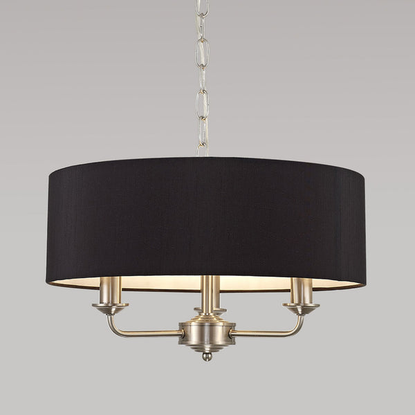 Banyan 45cm 3 Light Pendant in Satin Nickel with Black Shade