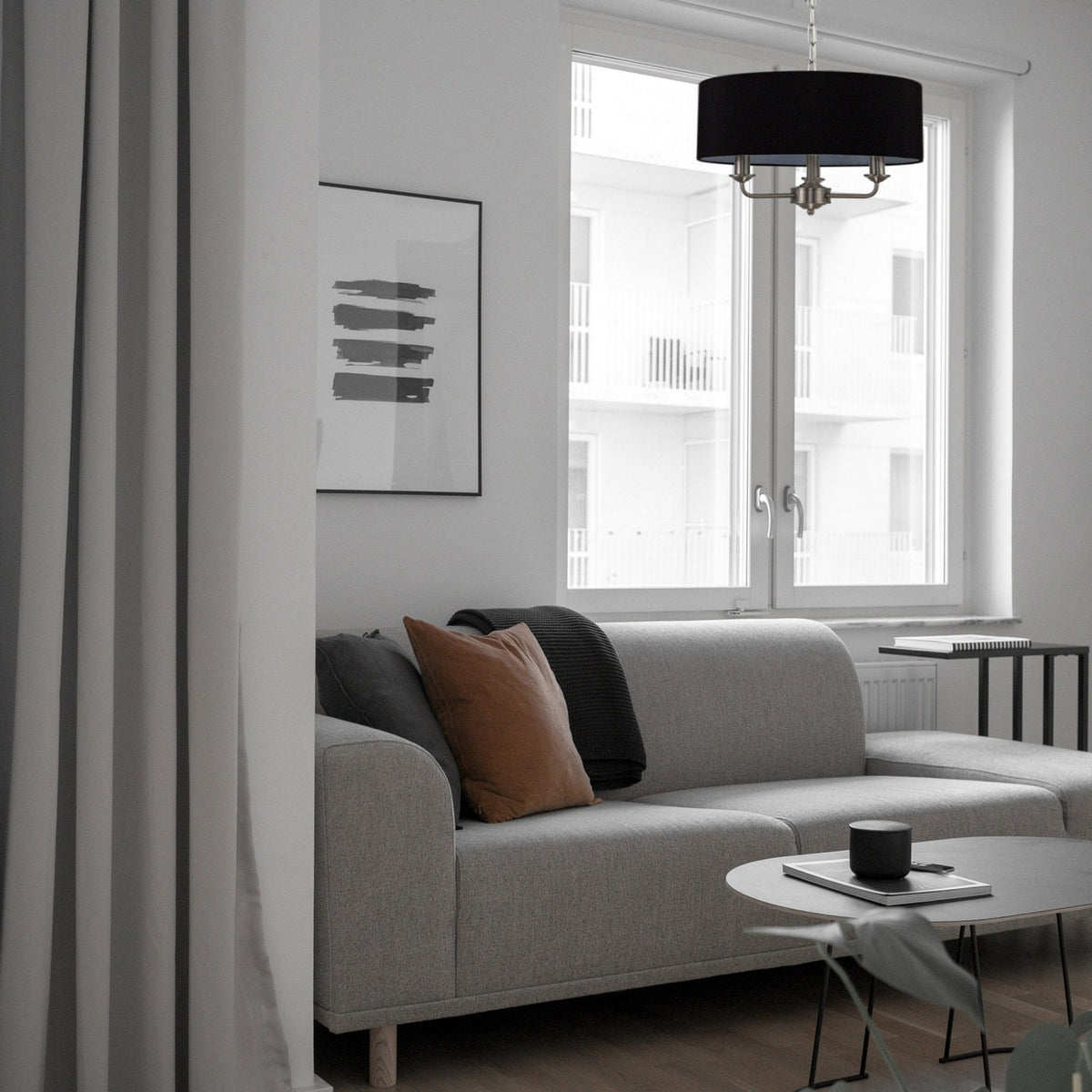 Banyan 45cm 3 Light Pendant in Satin Nickel with Black Shade