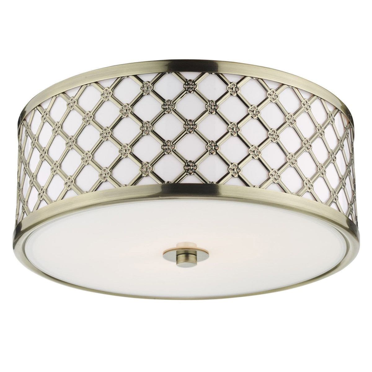 Antique brass flush mount light with a decorative lattice pattern around the drum.