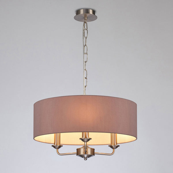 Banyan 45cm 3 Light Pendant in Satin Nickel with Taupe & Halo Gold Shade