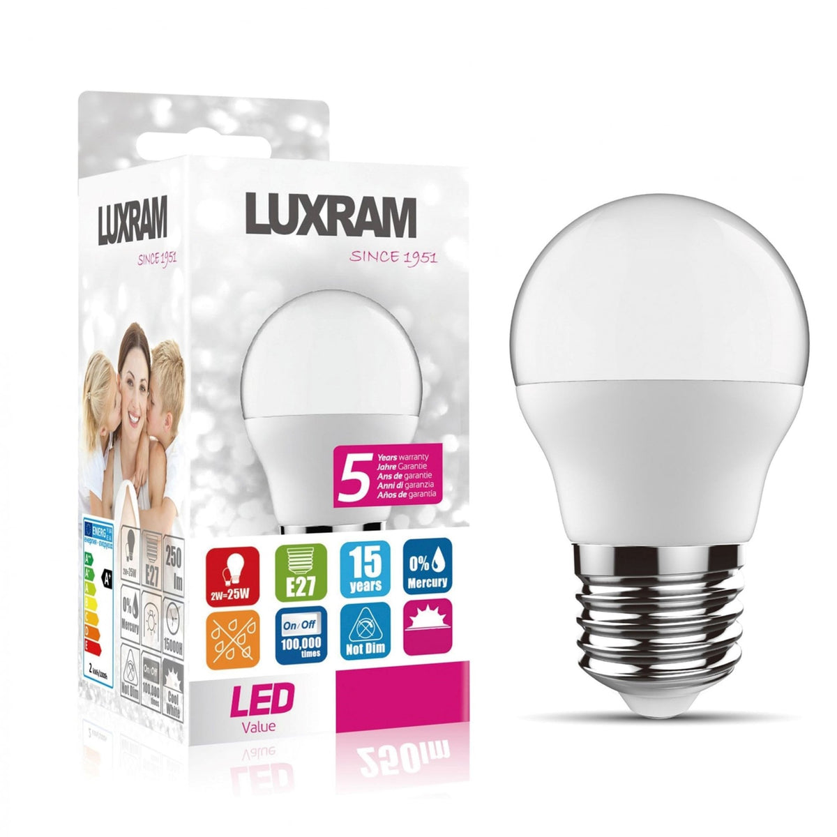 E27 Neutral White Opal LED Golf Ball 2W 4000K 200lm