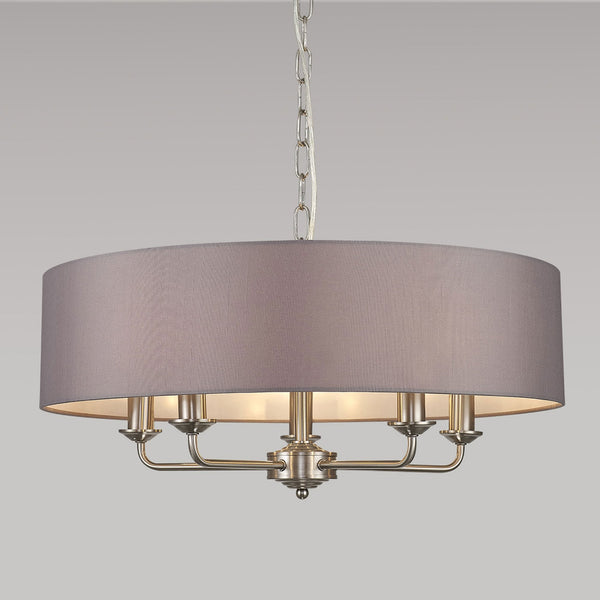 Banyan 60cm 5 Light Pendant in Satin Nickel with Grey Shade
