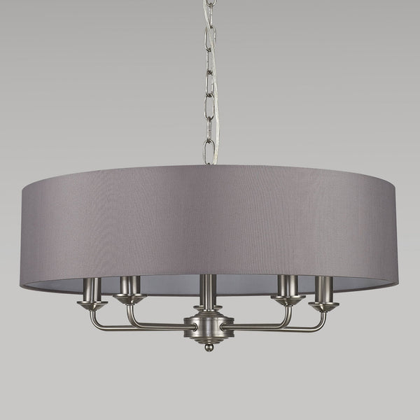 Banyan 60cm 5 Light Pendant in Satin Nickel with Grey Shade