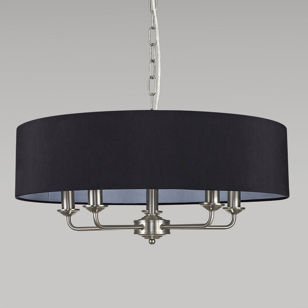Banyan 60cm 5 Light Pendant in Satin Nickel with Black Shade
