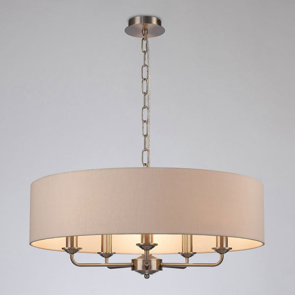 Banyan 60cm 5 Light Pendant in Satin Nickel with Nude Beige & Moonlight Shade