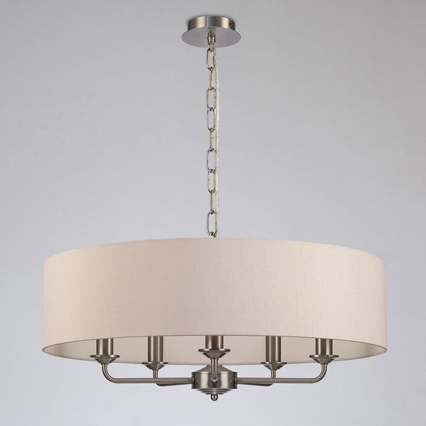 Banyan 60cm 5 Light Pendant in Satin Nickel with Nude Beige & Moonlight Shade