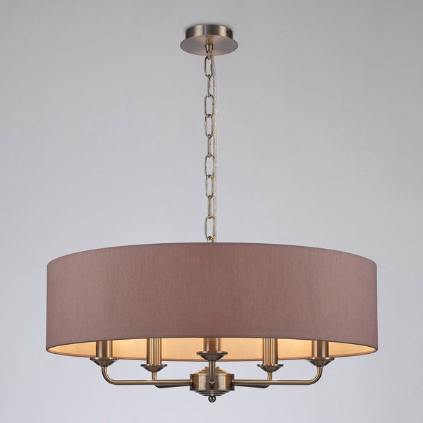 Banyan 60cm 5 Light Pendant in Satin Nickel with Taupe & Halo Gold Shade