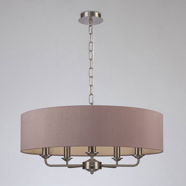 Banyan 60cm 5 Light Pendant in Satin Nickel with Taupe & Halo Gold Shade