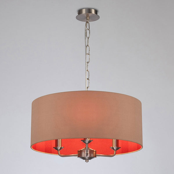 Banyan 50cm 3 Light Pendant in Satin Nickel with Antique Gold & Ruby Shade