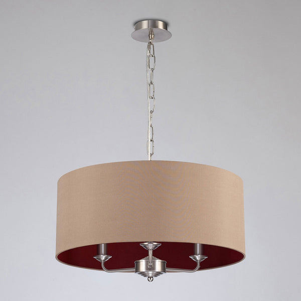 Banyan 50cm 3 Light Pendant in Satin Nickel with Antique Gold & Ruby Shade