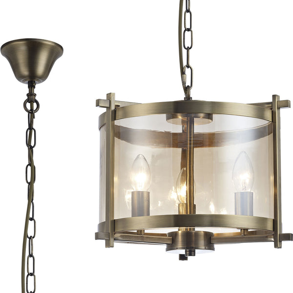 Nolan 3 Light Glass Pendant in Antique Brass with Amber Glass