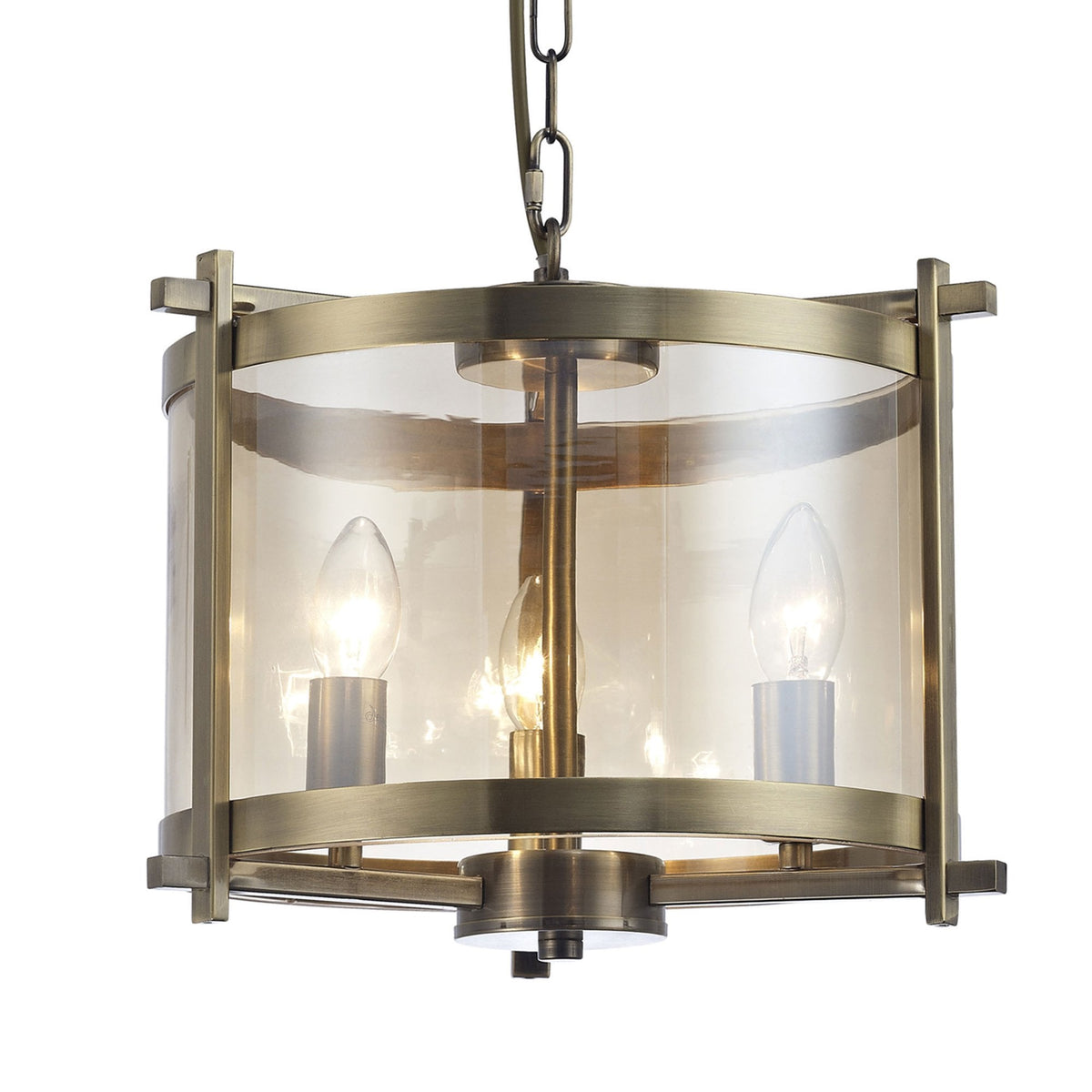 Nolan 3 Light Glass Pendant in Antique Brass with Amber Glass