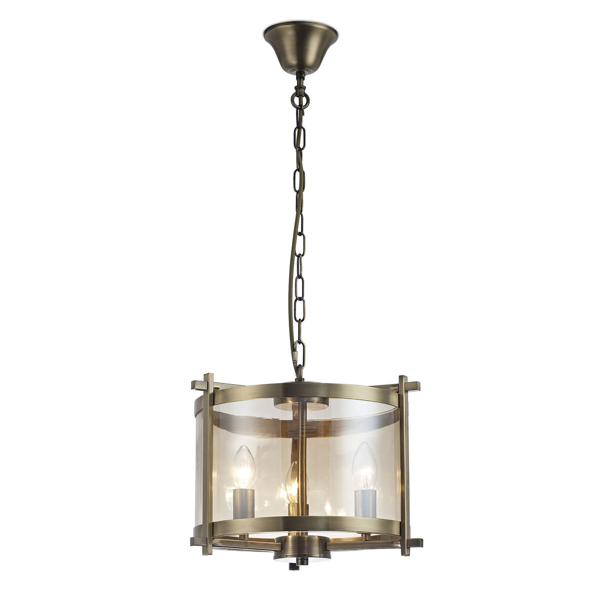 Nolan 3 Light Glass Pendant in Antique Brass with Amber Glass
