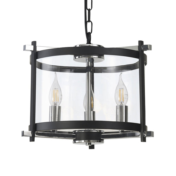 Nolan 3 Light Glass Pendant in Black with Chrome Detail & Clear Glass
