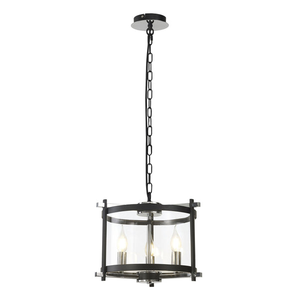 Nolan 3 Light Glass Pendant in Black with Chrome Detail & Clear Glass