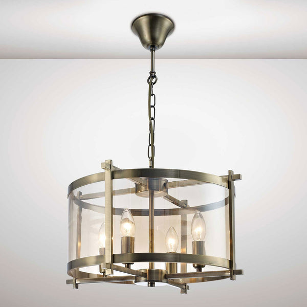 Nolan 4 Light Glass Pendant in Antique Brass with Amber Glass