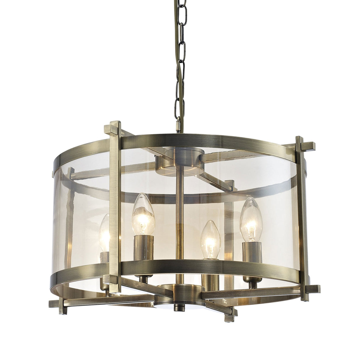 Nolan 4 Light Glass Pendant in Antique Brass with Amber Glass