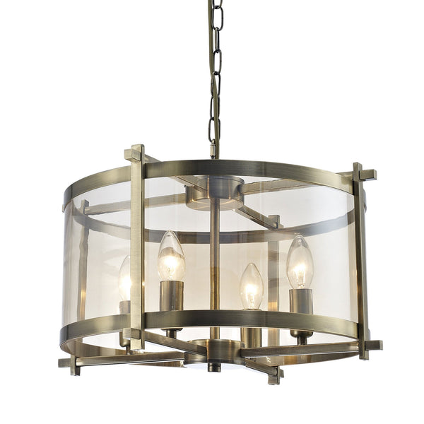 Nolan 4 Light Glass Pendant in Antique Brass with Amber Glass