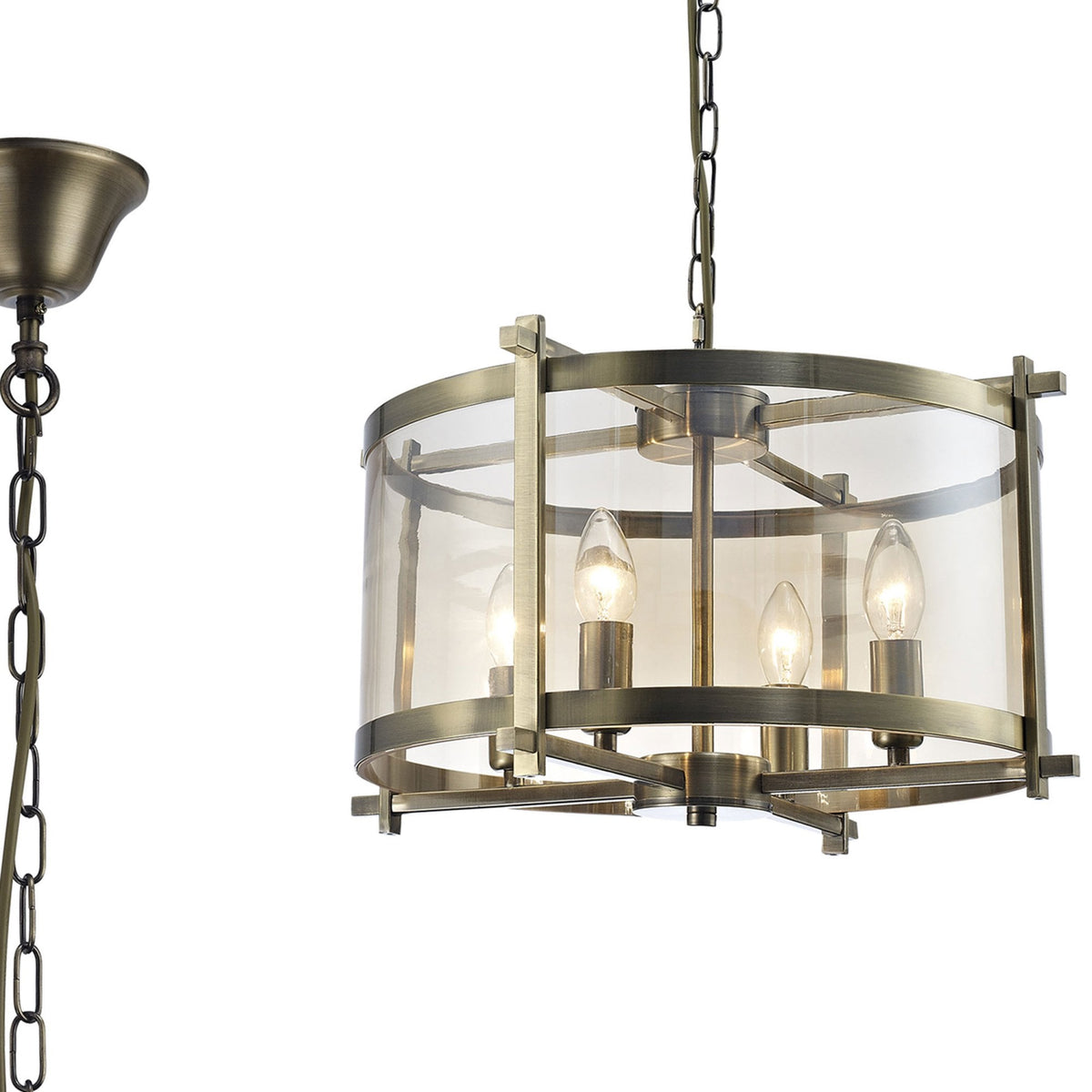 Nolan 4 Light Glass Pendant in Antique Brass with Amber Glass