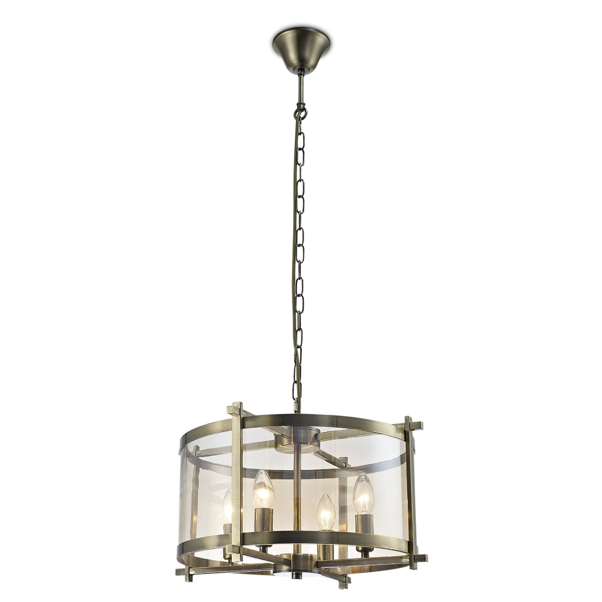 Nolan 4 Light Glass Pendant in Antique Brass with Amber Glass