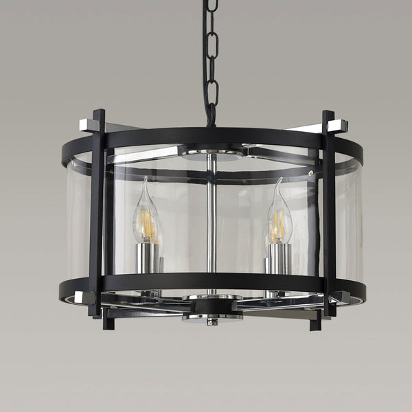 Nolan 4 Light Glass Pendant in Black with Chrome Detail & Clear Glass