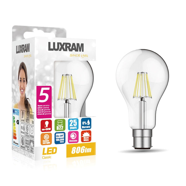 A white and silver Luxram LED light bulb and its packaging, featuring a woman's face.