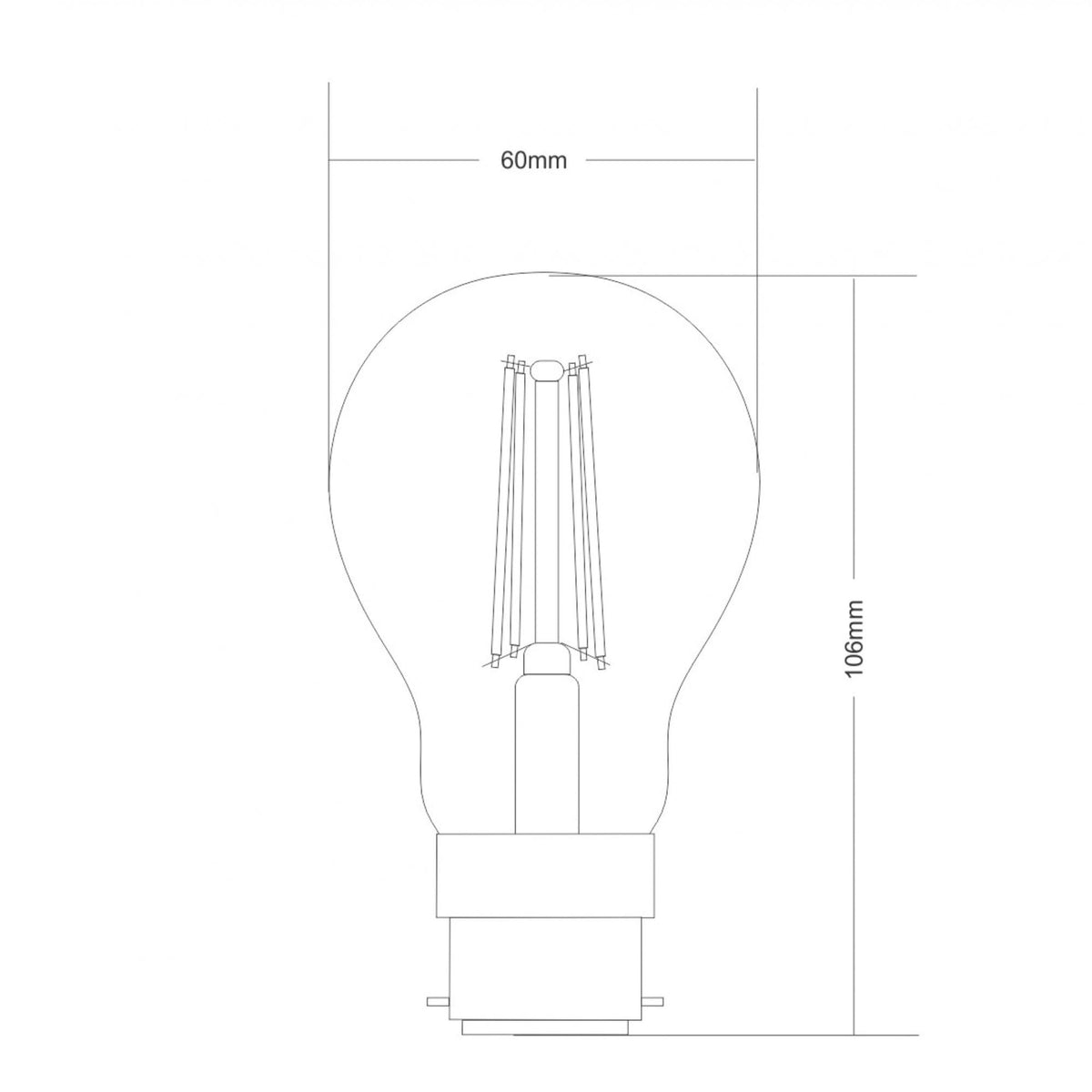 A diagram illustrating the dimensions of a light bulb with a B22d cap.