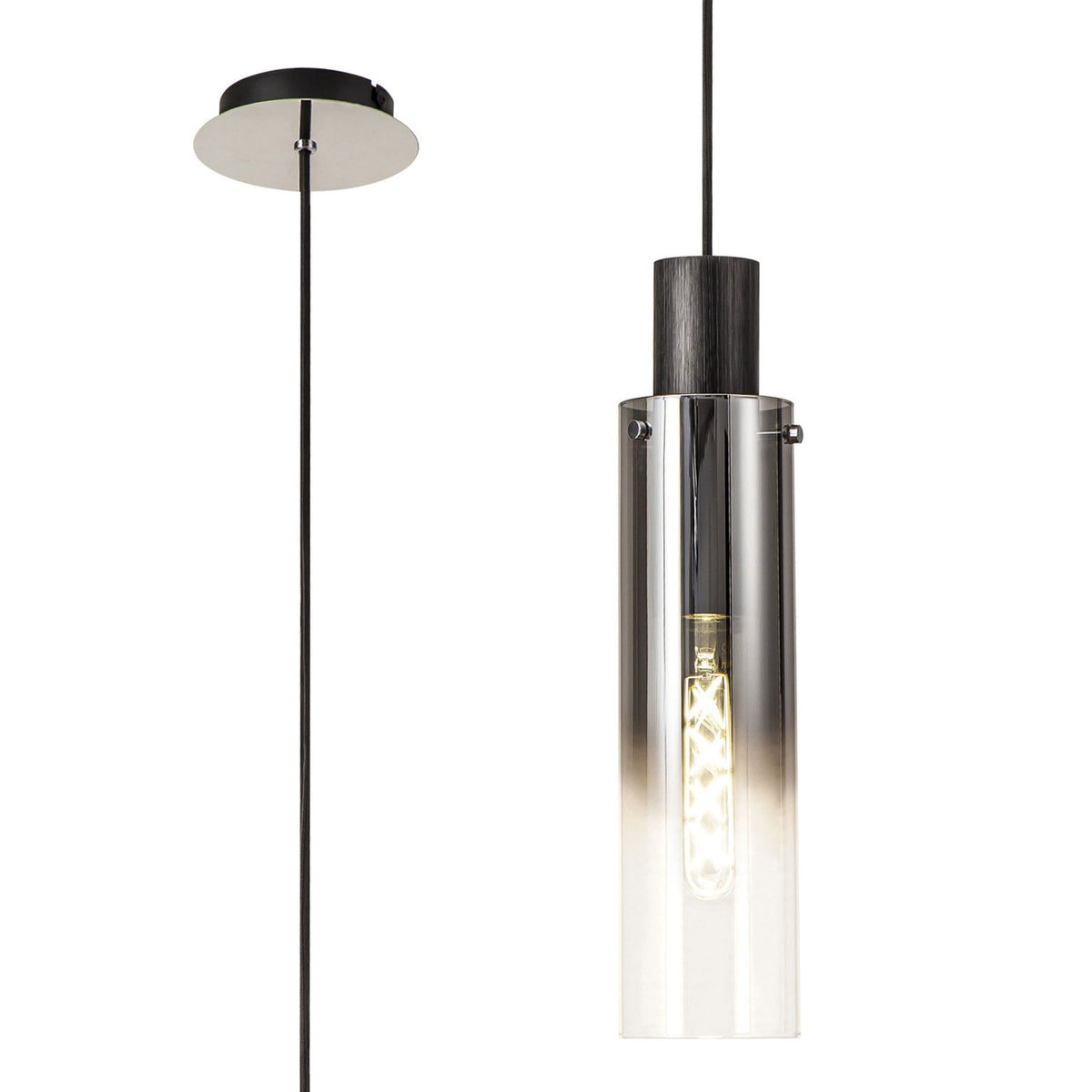 Belstone Slim Single Pendant in Black & Chrome with Smoke Fade Glass