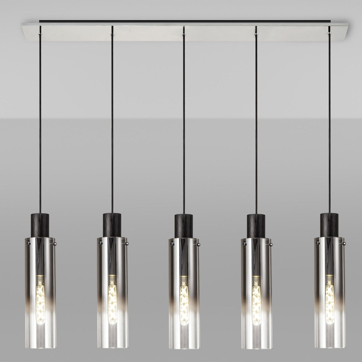Belstone Slim 5 Drop Linear Pendant in Black & Chrome with Smoke Fade Glass