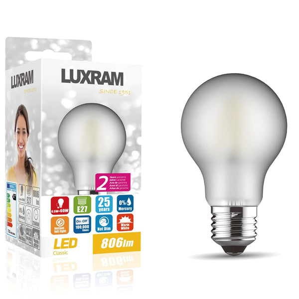 A white and grey box for Luxram LED bulbs, next to a single frosted LED bulb.
