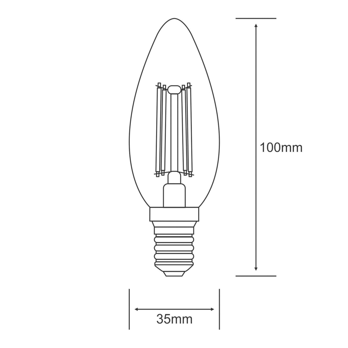 A diagram of the light bulb with measurements: 100mm high and 35mm wide.
