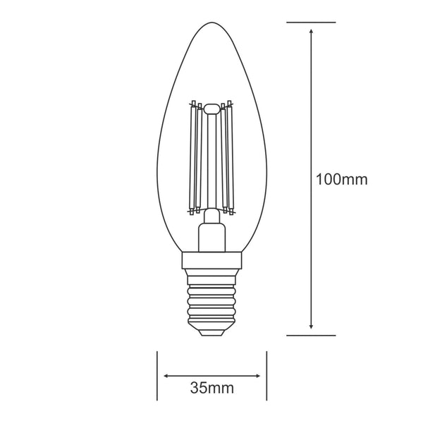 A diagram of the light bulb with measurements: 100mm high and 35mm wide.
