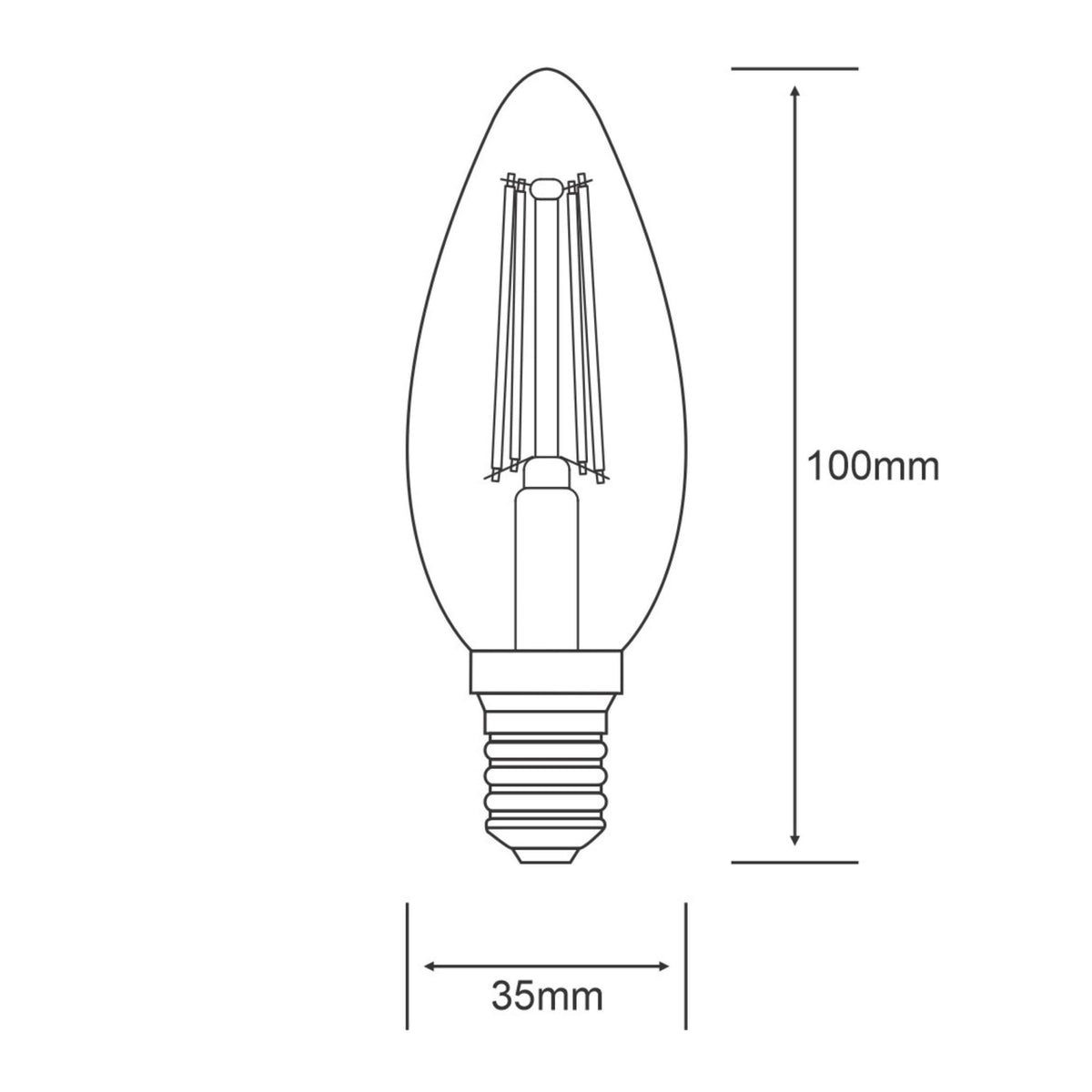 Technical drawing of a Luxram LED bulb, showing dimensions of 100mm height and 35mm width.