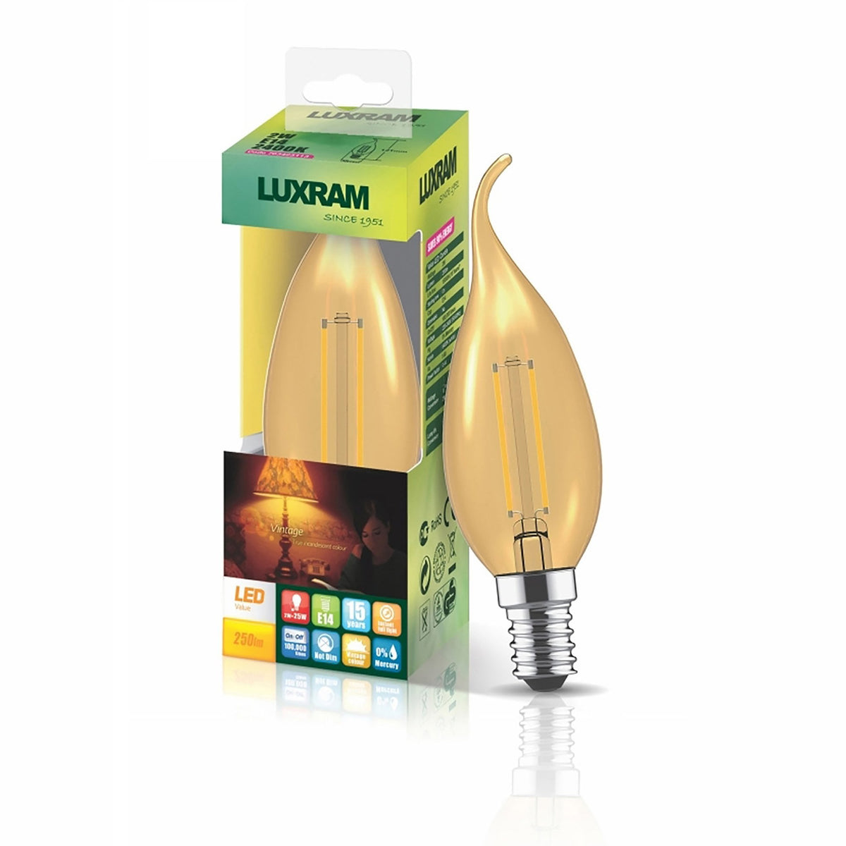 A LUXRAM LED flame-tip bulb shown in its packaging and beside it on a white background.