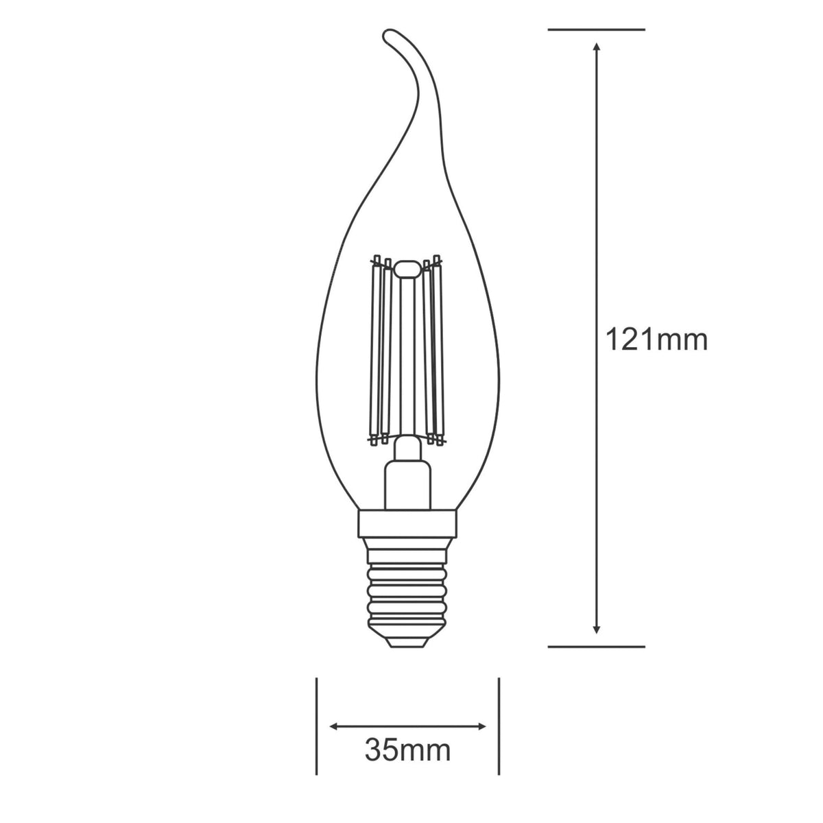 A diagram of the flame-tip bulb with measurements 121mm high and 35mm wide.