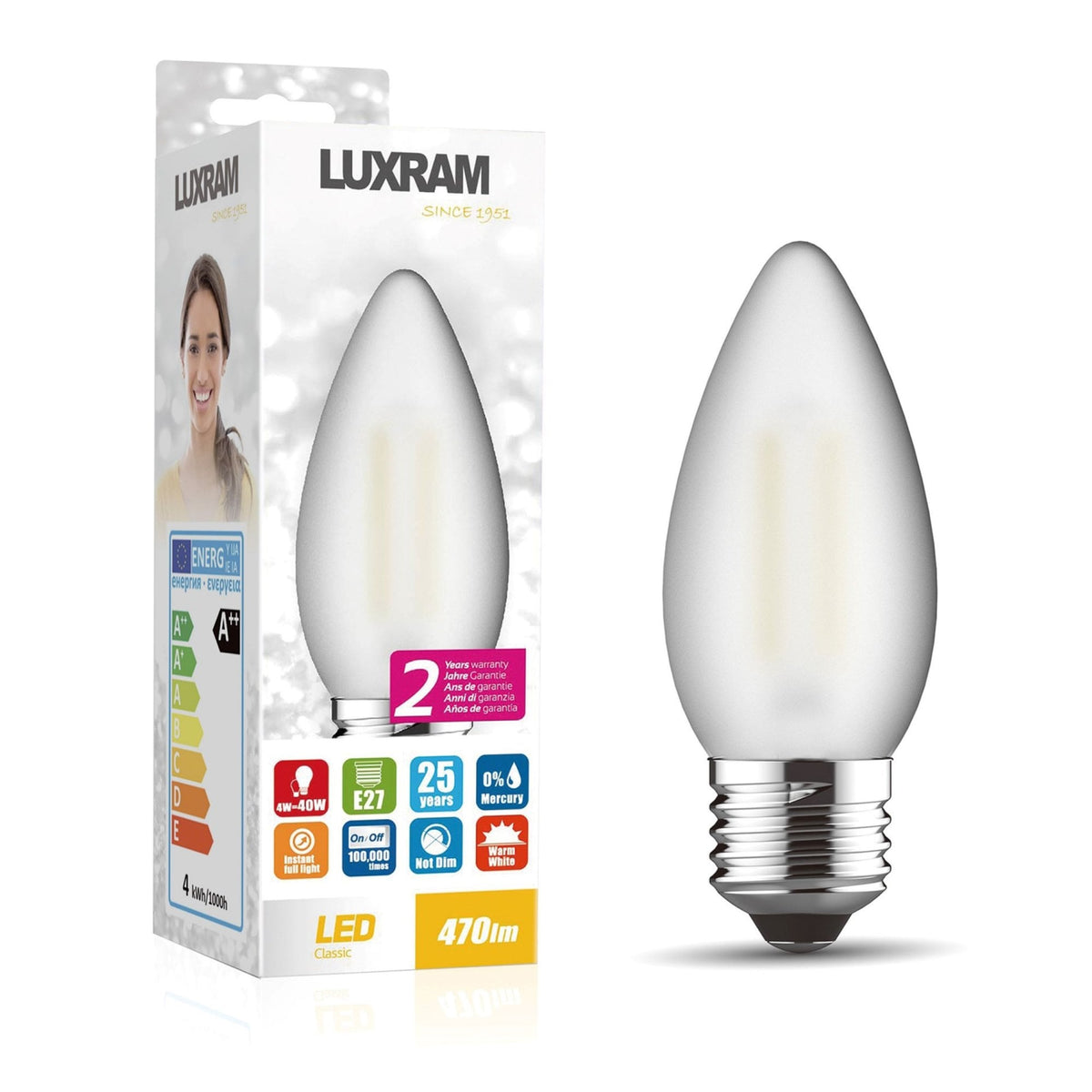 Classic E27 Frosted Warm White LED Candle 4W 2700K 470lm