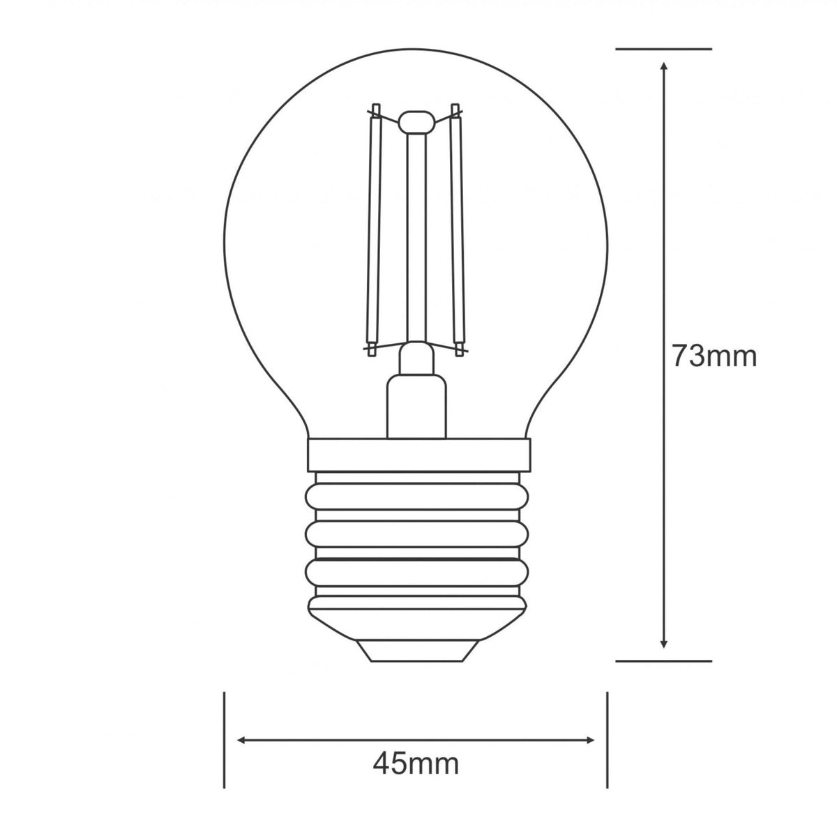 A line drawing of a light bulb with dimensions: 73mm height, 45mm width.