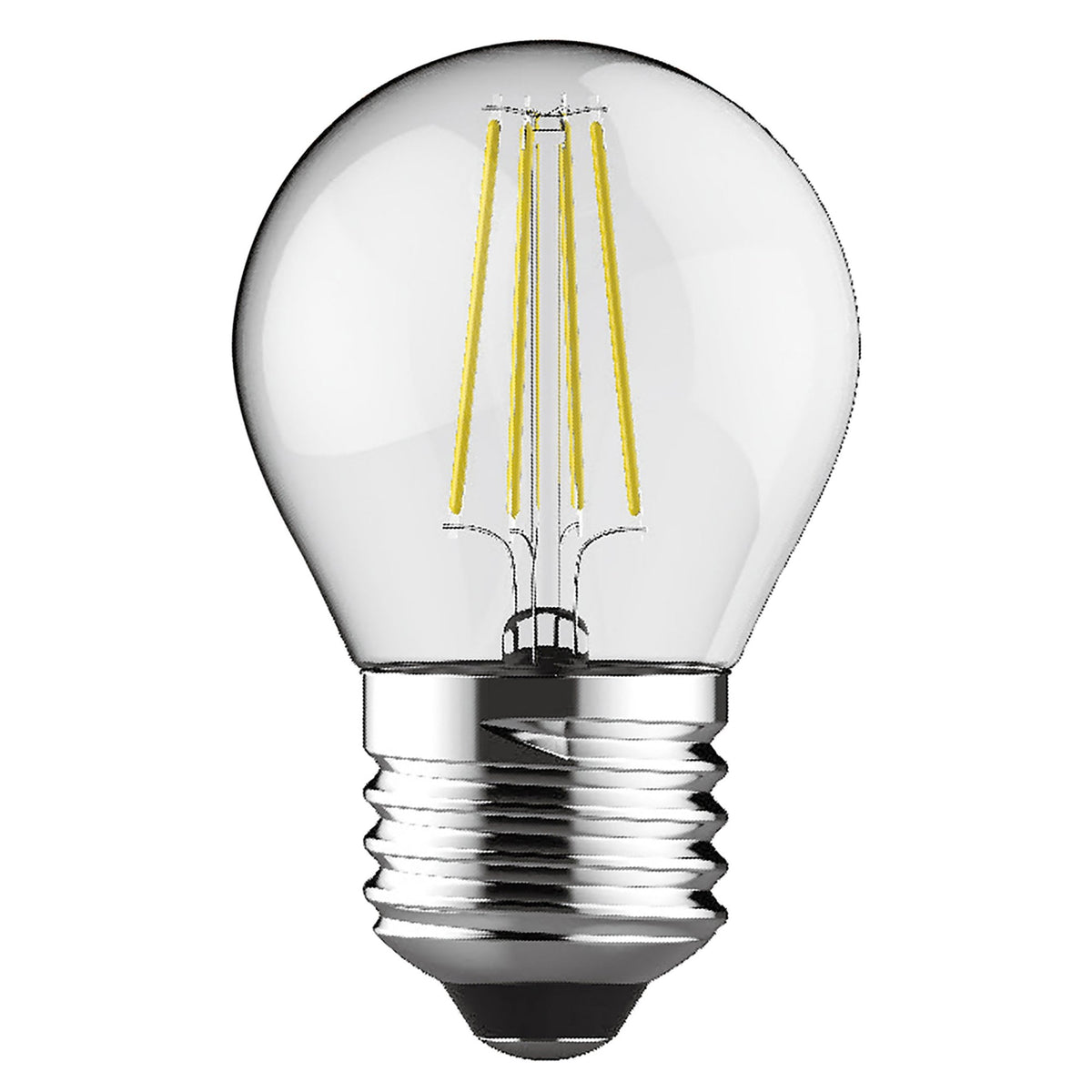 A clear LED filament bulb with a chrome screw cap.