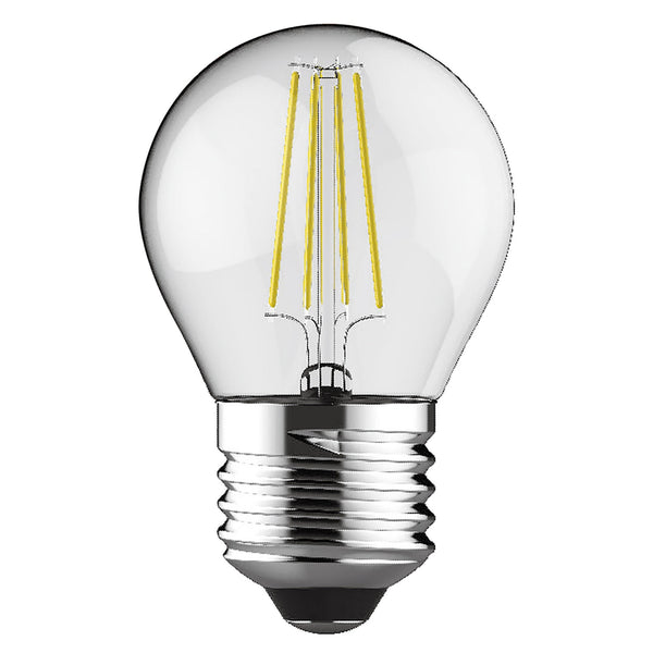 A clear LED filament bulb with a chrome screw cap.