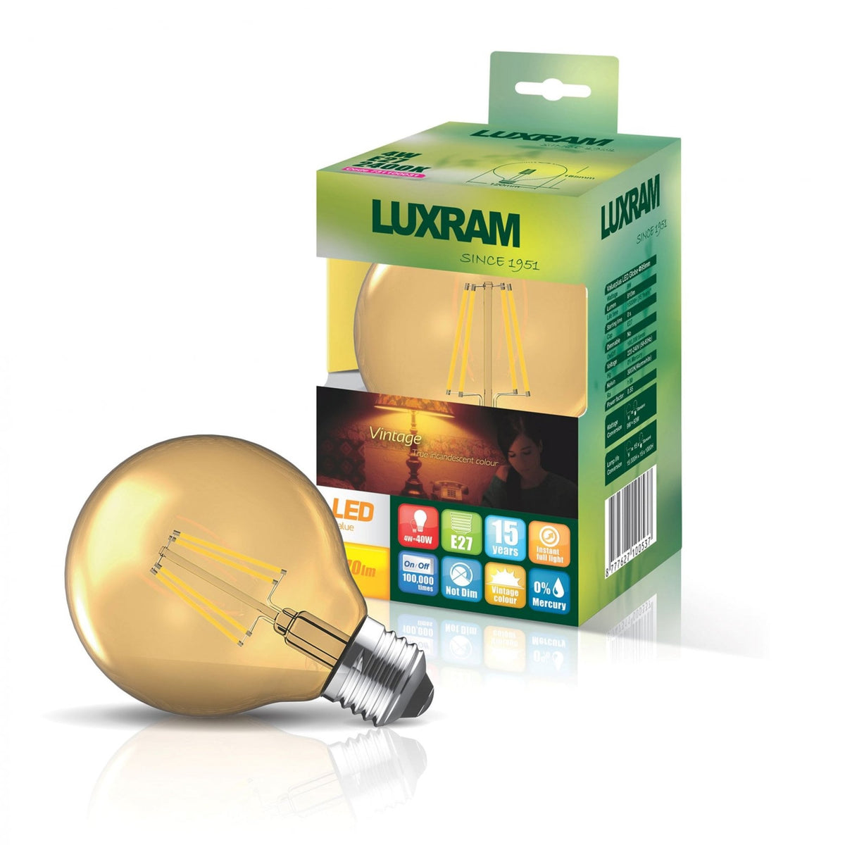 An LED light bulb with its packaging, showing product details and features.