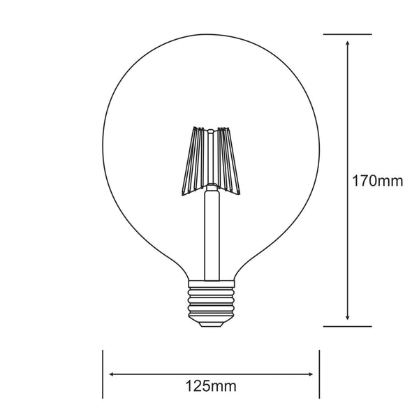 A line drawing of a Luxram LED filament bulb with dimensions 170mm by 125mm.