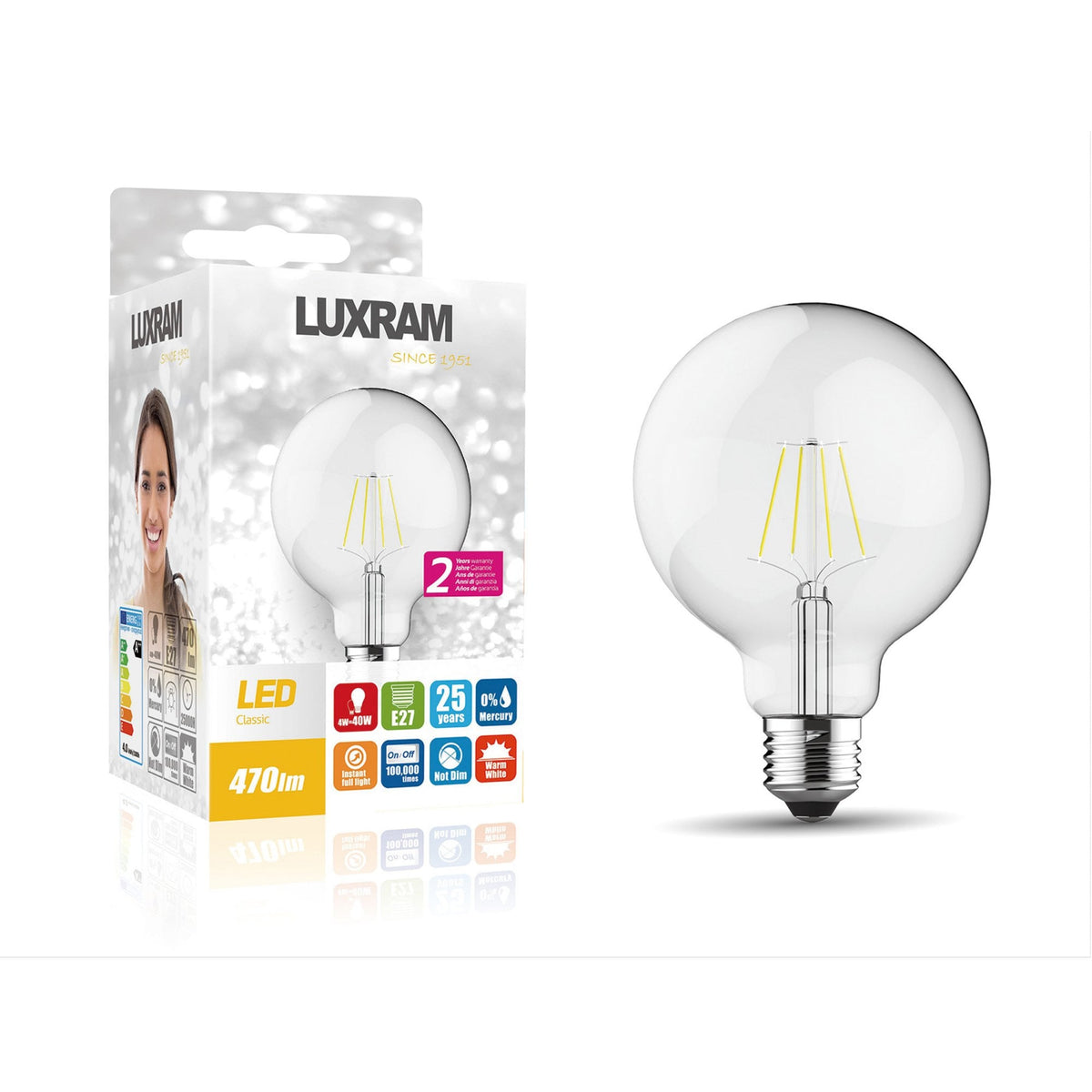 Classic E27 LED 95mm Clear Globe 4W 2700K 470lm