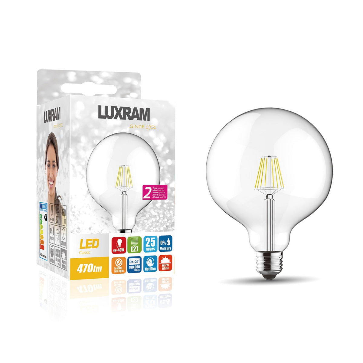 Classic E27 Warm White 125mm Globe LED 4W 2700K 470lm