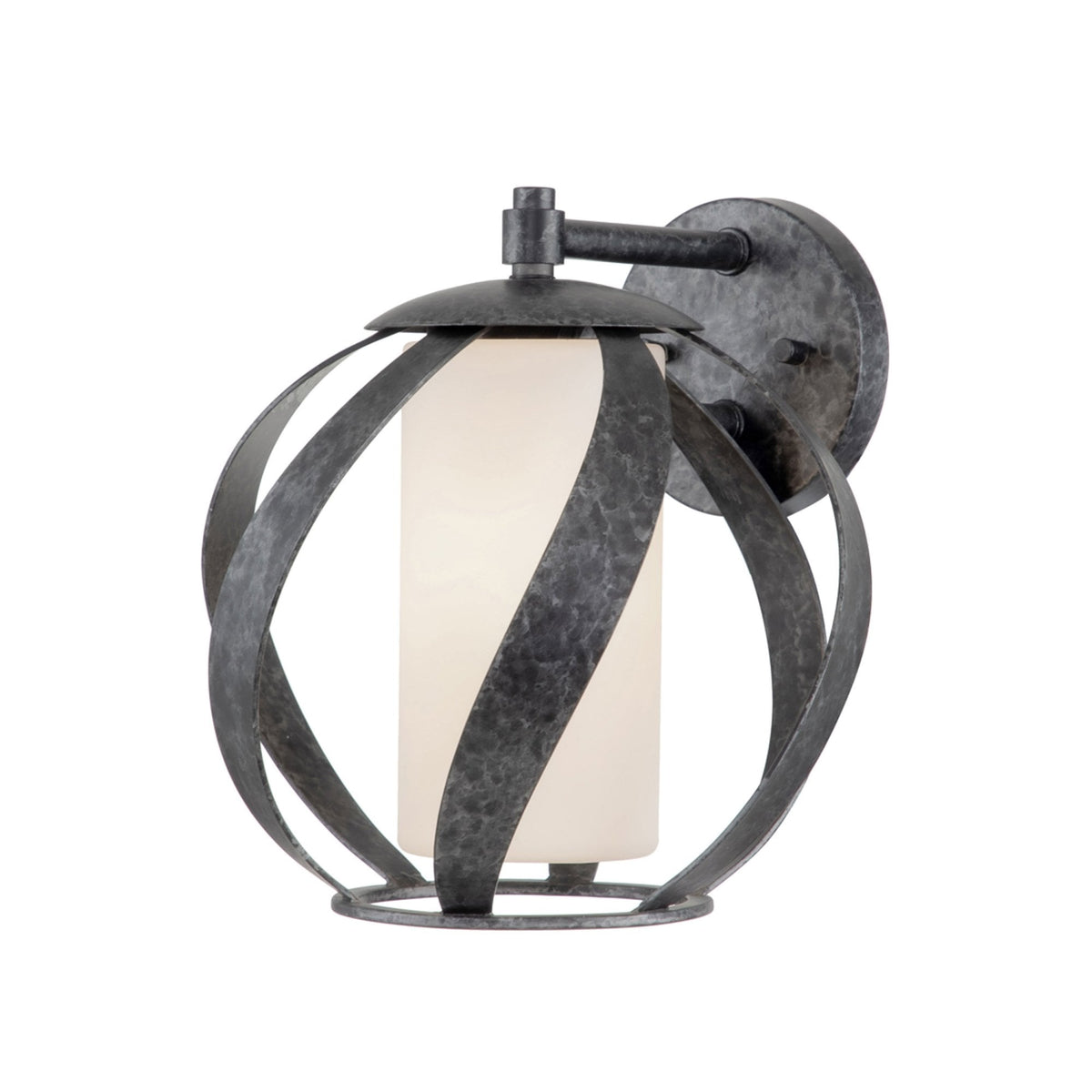 A close-up of a wall light with an elegant oval cage design and an aged metal finish.