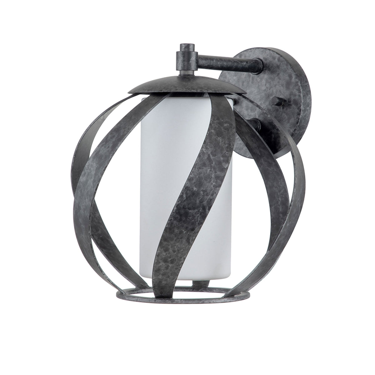 A wall-mounted light fixture featuring an aged metal finish and an oval cage design.