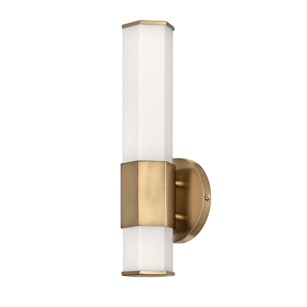 A brass and white hexagonal wall light mounted on a white background.