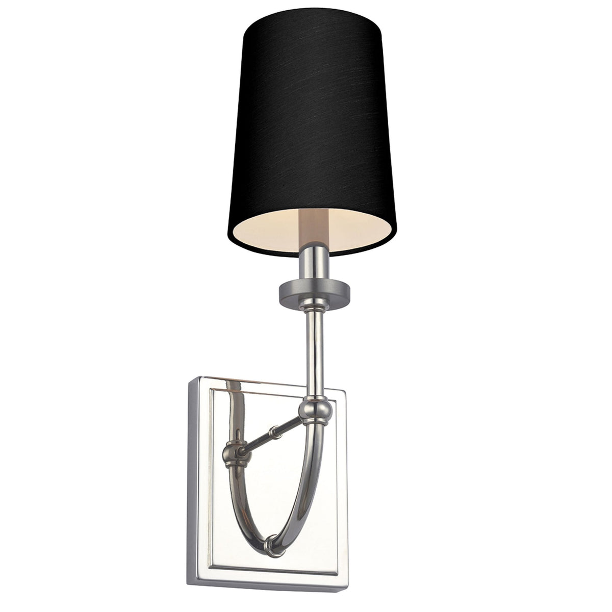 A sleek wall light featuring a black conical shade and a polished nickel finish. 