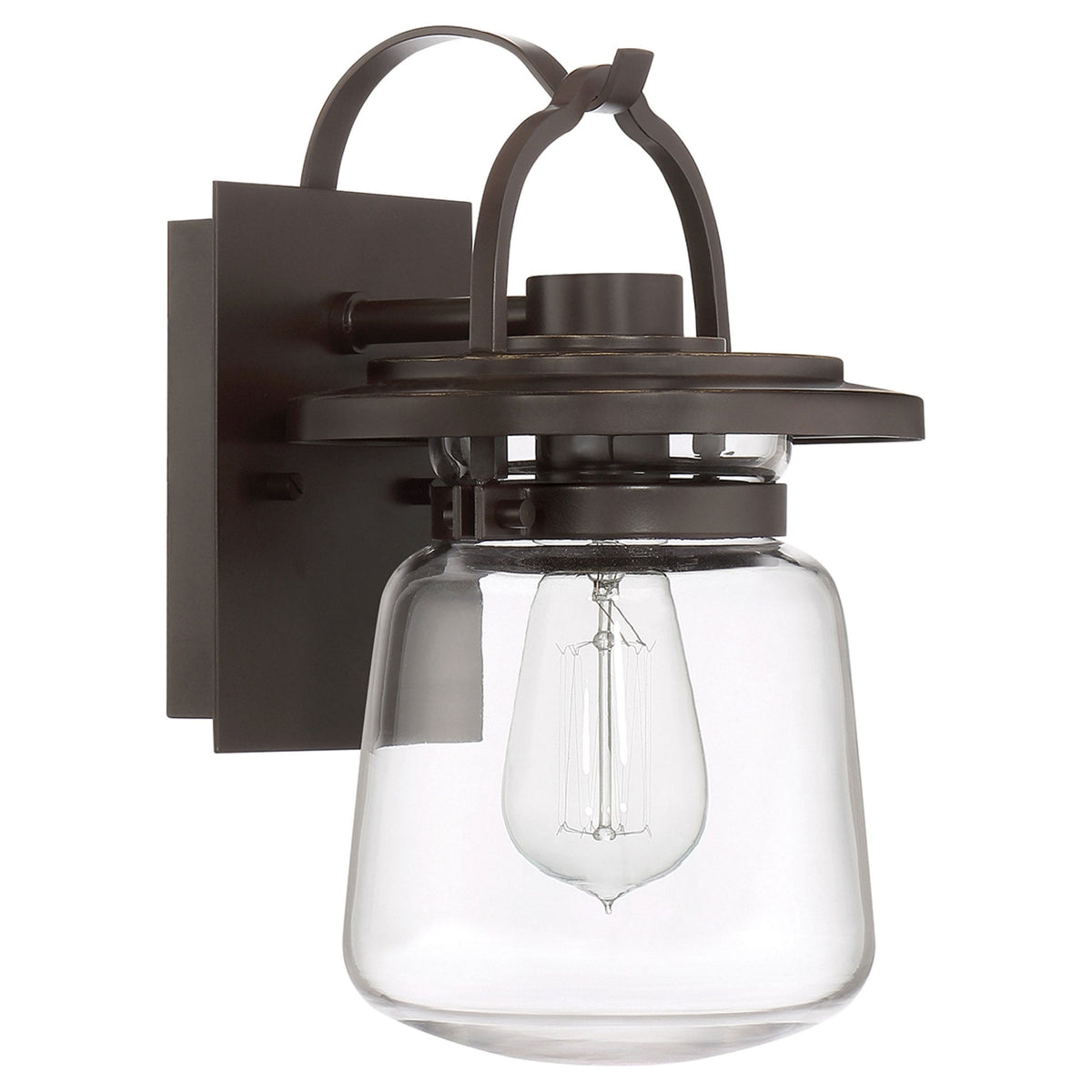 Outdoor wall light with bronze finish and clear glass jar, angled slightly right.