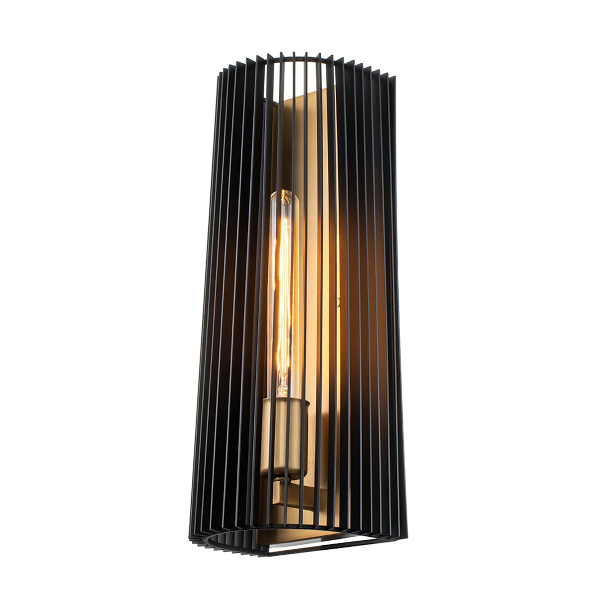 A sleek, modern wall sconce features a black slatted shade and an exposed filament bulb.