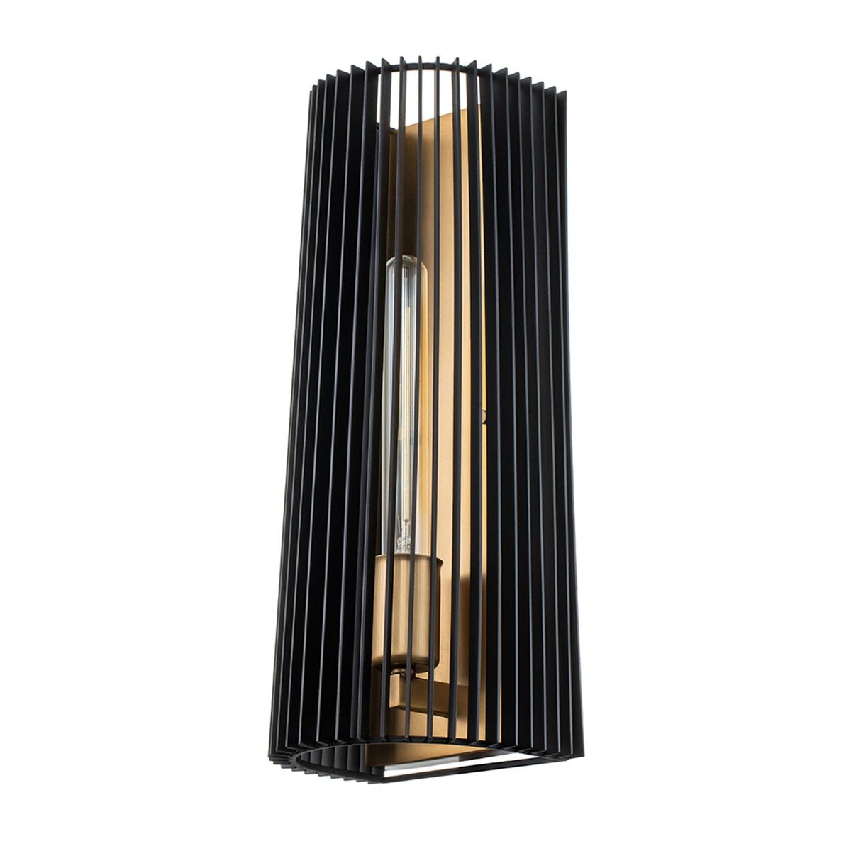 The contemporary wall light with its black cage design and exposed bulb creates a striking look.